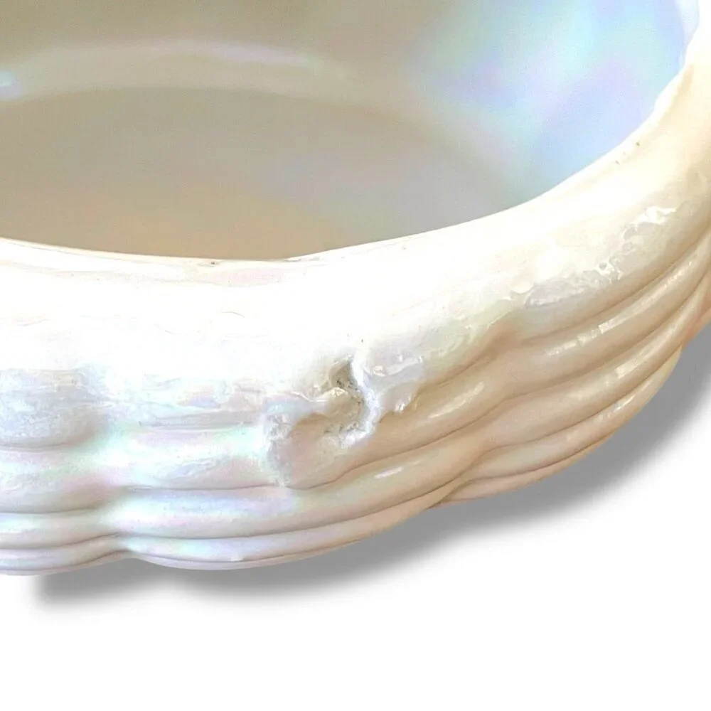 Vintage Atlantic Mold Ceramic Easter Basket Iridescent Bunny Rabbits Candy Dish